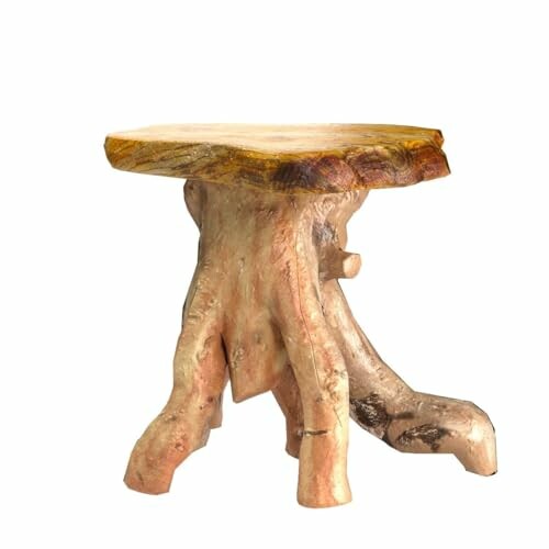 Handcrafted rustic wooden stool with natural tree trunk base.
