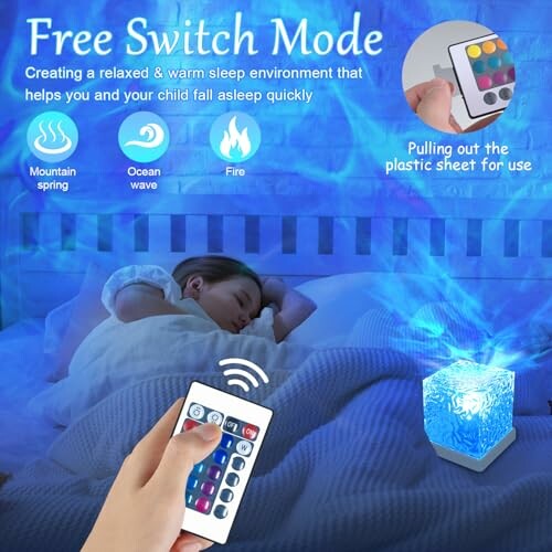 Person using remote for sleep aid light projector.