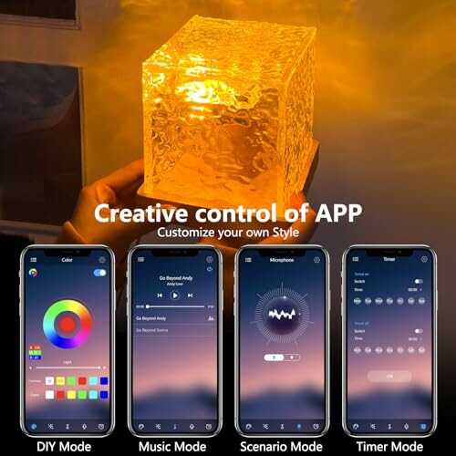 Smart lamp control app with various modes displayed on smartphones.