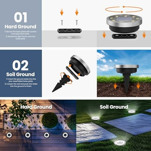 Installation guide for solar lights on hard and soil ground.