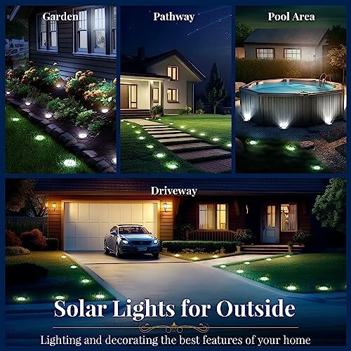 Collage showcasing solar lights in a garden, pathway, pool area, and driveway.