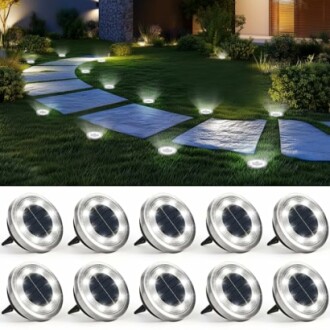 Outdoor solar pathway lights illuminating a garden path.