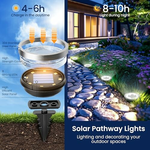 Illustration of solar pathway lights in a garden at night.