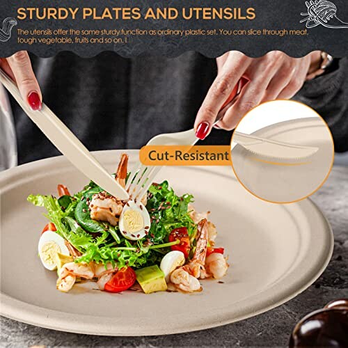 Person using sturdy utensils with salad and shrimp on a plate.