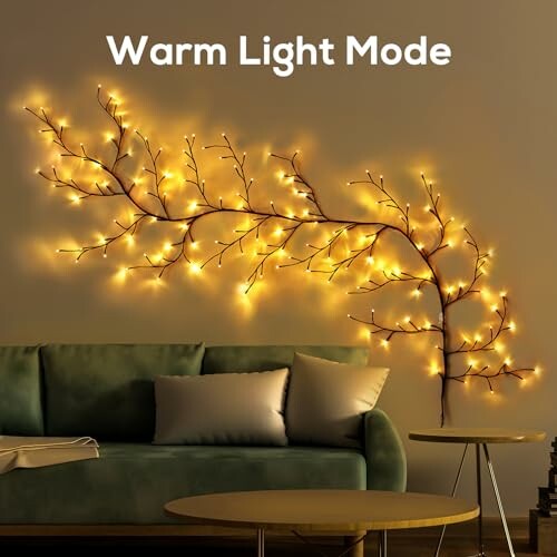 Decorative wall branch lights in warm light mode above a sofa.
