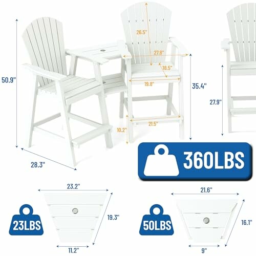 White patio chairs with table, showing dimensions and weight capacity.