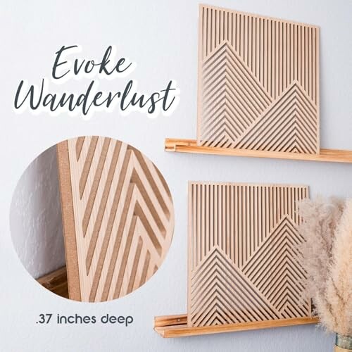 Geometric wooden wall art panels with intricate patterns.